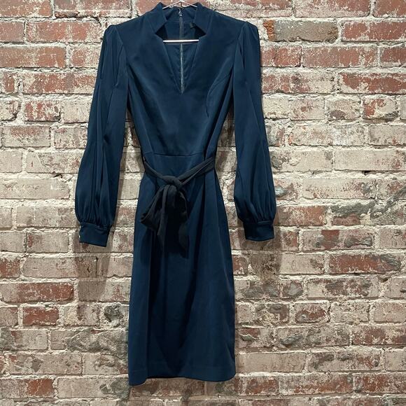 Badgley Mischka Navy Belted V-Neck Sheath Dress Size 0 - Picture 4 of 10